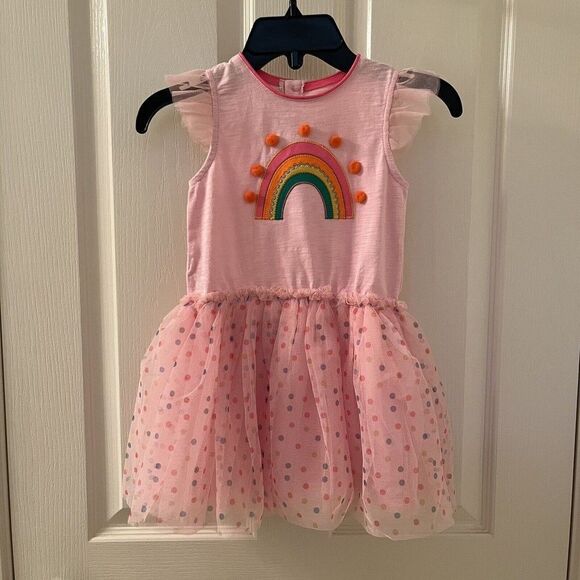 Mud Pie Pink Rainbow Applique Mesh Tulle Dress Pom Pom Girls Size M 2T-3T NWT - Picture 1 of 9